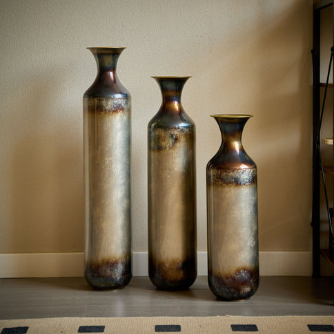 Modern Droplet Shaped Floor Vase Set, Glazed Metal Decorative Vases 3 Piece Home Accent For Living Room - Gold / White