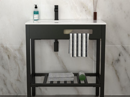 Console Sink With Legs, 32" X 18.5", Durable Porcela With Support - White / Black