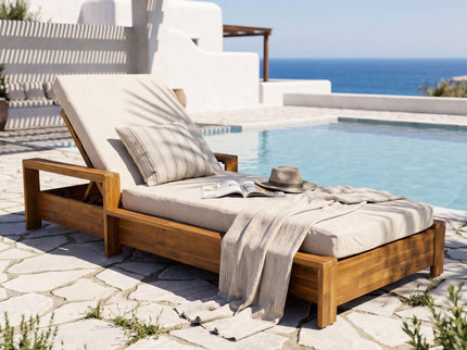 Chaise Lounge Set With 3 Position Adjustable Backrest, 2 Fold Cushion, Outdoor Recliner For Patio - Cream / Teak