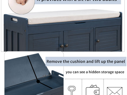 Storage Bench With 3 Shutter-Shaped Doors, Shoe Bench With Removable Cushion And Hidden Storage Space