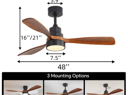 48" Ceiling Fan With Light, Dual Mount (Flush / Downrod), Dimmable LED, Quiet DC Motor, 3 Blades