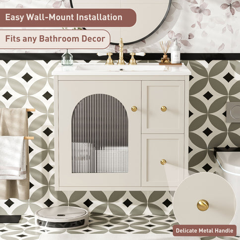 Wall-Mounted Bathroom Vanity Set With Sink, 2 Drawers And Soft-Close Door