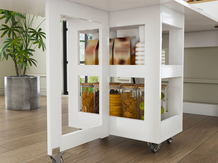 Extendable Dining Table With Power Socket, Lockable Casters, Storage Cabinet