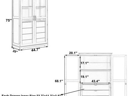 Kitchen Pantry, Freestanding Kitchen Storage Cabinet Display Cabinet With Glass Doors And 4 Built In Drawers For Living Room, Home Office - Blue