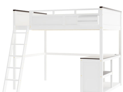 Queen Size Loft Bed With Desk, Open Shelf, Storage Box And USB Charging Station - White
