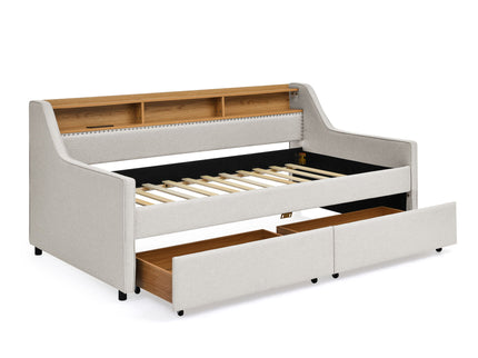 Twin Upholstered Sofa Bed With LED Lights, Storage Drawers, Adjustable Headboard & Wireless Charging - Beige