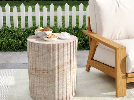Elegant Outdoor / Indoor Lightweight Concrete Side Table With Travertine - Beige