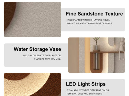Adjustable LED Sandstone Wall Decor With Simulated Plants 3D Art Sculpture, Glass Vase & Rabbit Statue, Remote Control - Light Coffee
