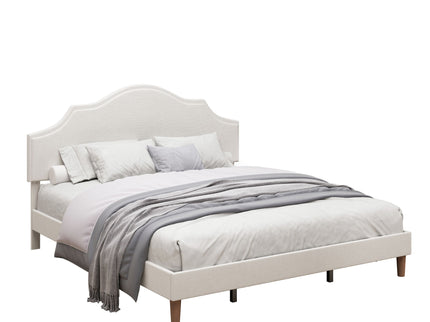 King Size, Upholstered Platform Bed Frame With Adjustable Headboard, No Box Spring Needed - White