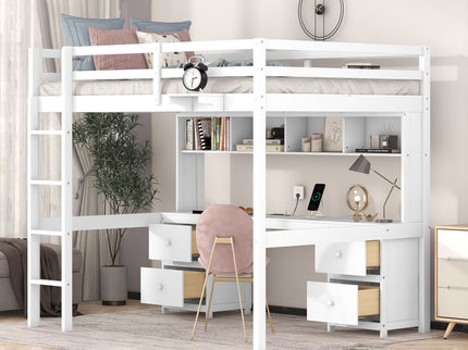 Loft Bed With Desk, Cabinets, Drawers, Charging Station And Bedside Tray
