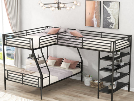 L-Shaped Twin Over Full Bunk Bed And Twin Loft Bed With 4 Built In Shelves - Black