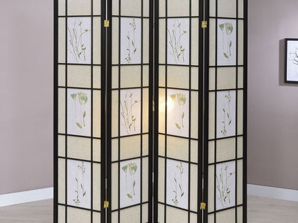 4 Panel Folding Screen With Floral Motif - Black