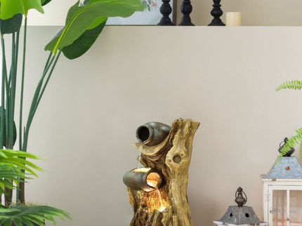 Decorative 3 Tier Tree Trunk Fountain With Lights And Pump - Brown