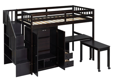 Loft Bed With Stairs, Bookshelf, Drawers, Desk & Wardrobe, Space Saving Multifunctional Furniture