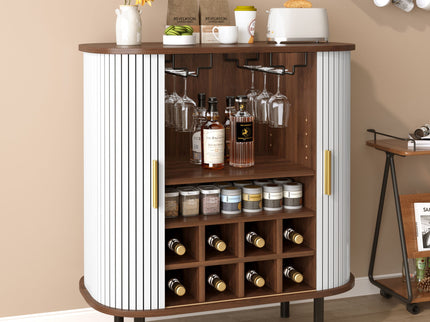 Fluted Wine Bar Cabinet With 8 Grid Wine Rack, 5 Level Adjustable Shelves, 2 Glass Holders