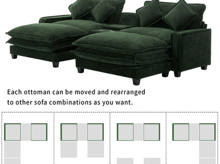 Sectional Sofa Upholstered Sofa With Two Removable Ottoman, Two USB Ports, Two Cup Holders And Large Storage Box For Living Room