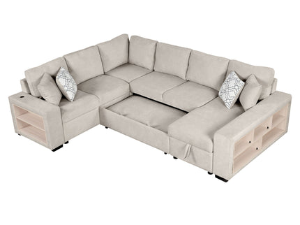 U-Shaped Sectional Sofa Pull-Out Sofa Bed With Two USB Ports, A Storage Chaise Lounge And Four Back Pillows For Living Room