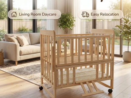 Portable Mini Baby Crib 5 In 1 Convertible With Foldable Storage - Natural Wood
