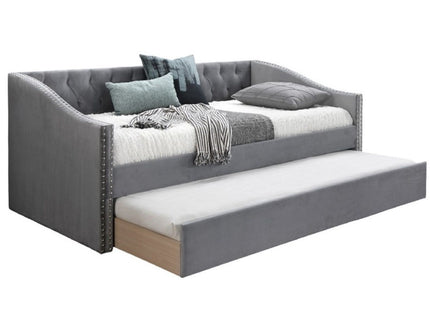 Daybed With Button Tufted Nailhead Trim And Trundle Slat Storage - Gray