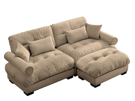 Modern Sectional Sofa With Ottoman, Round Bolster Armrests, Waist And Throw Pillows