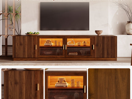 TV Stand, Media Console With Glass Doors And LED Lights, Adjustable Shelf Storage - Walnut