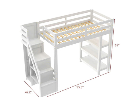Loft Bed With 4 Layer Shelves, Storage Staircase, Small Wardrobe And LED Light