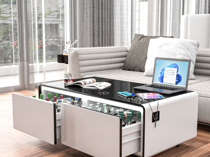 Modern Smart Coffee Table With Built-In Fridge, tooth Speaker, Wireless Charging Module, Touch Control Panel, Power Socket, USB Interface, Outlet Protection, Atmosphere Light