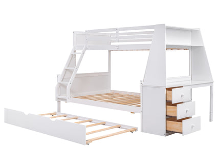 Bunk Bed With Trundle And Built In Desk, 3 Storage Drawers And Shelf