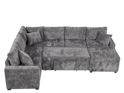 Sectional Sofa Pull-Out Sofa Bed Sleeper With A Storage Ottoman, Three Pillows And Charging Devices For Living Room