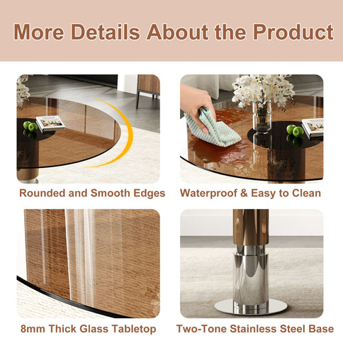 Round Dining Table / Tempered Glass Top - Brown
