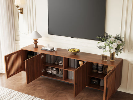 TV Stand, Media Console & Soft Closing Hinges, Adjustable Shelves, Slatted Doors - Walnut