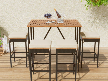 Outdoor Acacia Wood Bar Height Table And Eight Stools With Cushions