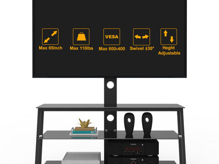 Multi-Function Angle And Height Adjustable Tempered Glass TV Stand - Black