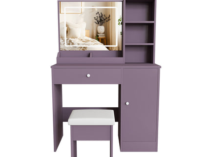 Vanity Desk Set With Padded Stool & Adjustable LED Mirror, 3 Color Mode Lighting, Compact For Bedroom - Purple