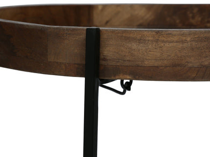 Modern Industrial Round End Table With Tray Top And Foldable Iron Legs - Natural