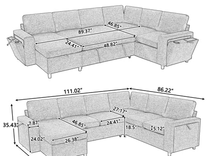 U - Shaped Convertible Sectional Sofa Bed With Storage, USB Charger & Cup Holders