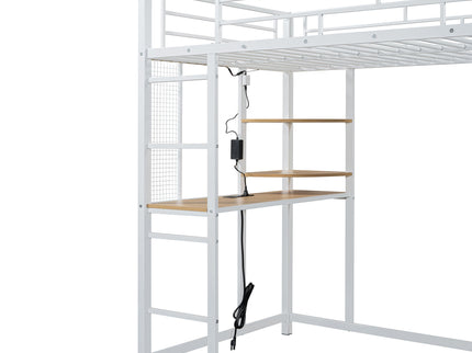 Loft Bed With Desk, Shelves, Power Outlet, LED Light And Wardrobe