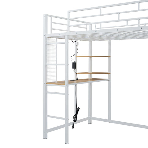 Loft Bed With Desk, Shelves, Power Outlet, LED Light And Wardrobe