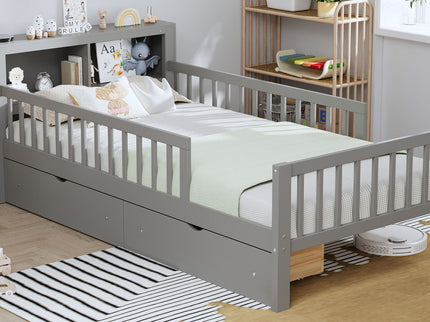 Bed With Headboard Storage Rack, 2 Under Bed Drawers, 3 Side Guardrails For Safety