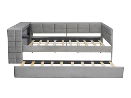 Upholstered Platform Bed With Storage Shelves, Desk, Charging Station And Trundle