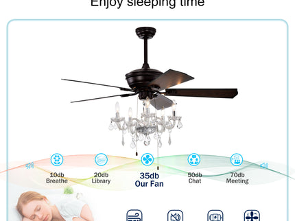 52" Crystal Shade Ceiling Fan Lamp, 3 Speed, 4 Timing, 5 Reversible Blades Crystal Ceiling Fan, 5 Pieces X E12 (No Include Bulb), Hand Pull Chain - Matte Black