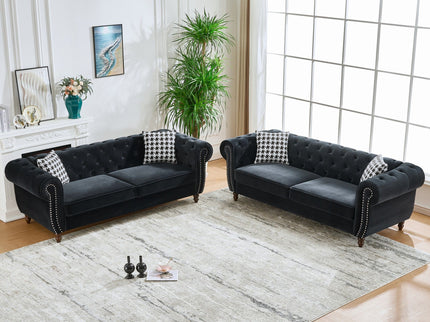 Chesterfield Upholstery Fabric Sofa With Roll Armrest & Nailhead, Mid Century Modern 3 And 3 Seater Couch