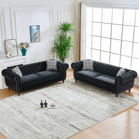 Chesterfield Upholstery Fabric Sofa With Roll Armrest & Nailhead, Mid Century Modern 3 And 3 Seater Couch
