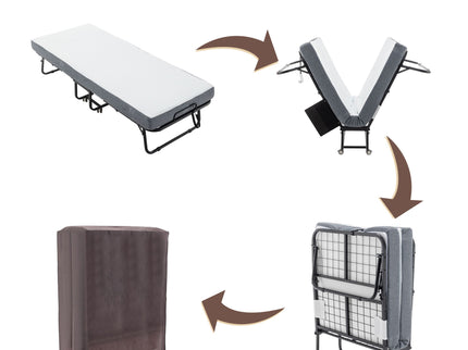 Foldable Metal Frame Bed For Guest With Memory Foam Mattress On Wheels, Saving Space Rollaway Bed