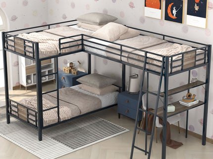 L-Shaped Twin Over Twin Bunk Bed With Twin Size Loft Bed With Desk And Shelf - Brown