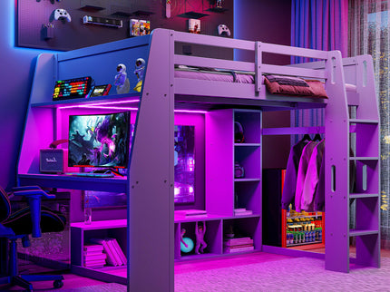 Gaming Loft Bed With Desk, Multi Storage Shelves, LED Lighting, And Hanging Clothes Rack