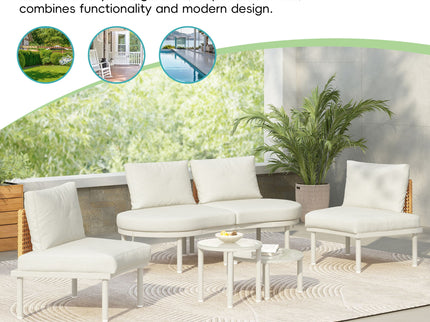 6 Piece Patio Set, Half Moon Outdoor Sectional Sofa With 2 High Low Coffee Tables, 4 Pillows & Cushions