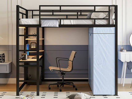 Loft Bed With Desk, Shelves, Power Outlet, LED Light And Wardrobe