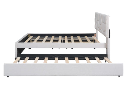 Upholstered Platform Bed With Brick Pattern Headboard And Twin Long Size Trundle