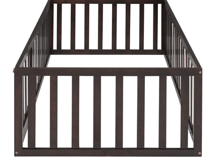 Twin Size Floor Bed Frame With Fence And Door - Walnut